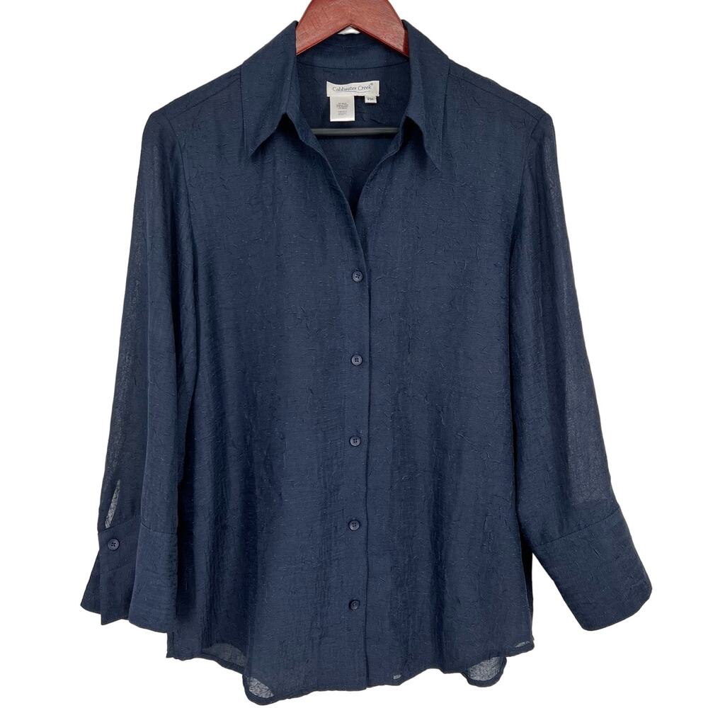 Coldwater Creek PM Petite Medium Formal Navy Blue Crinkle Fabric Shirt Top